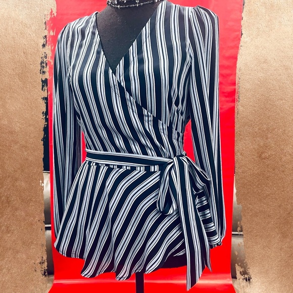 LOFT Tops - Ann Taylor LOFT Navy Blue Stripe Long Sleeve Wrap Blouse XXS